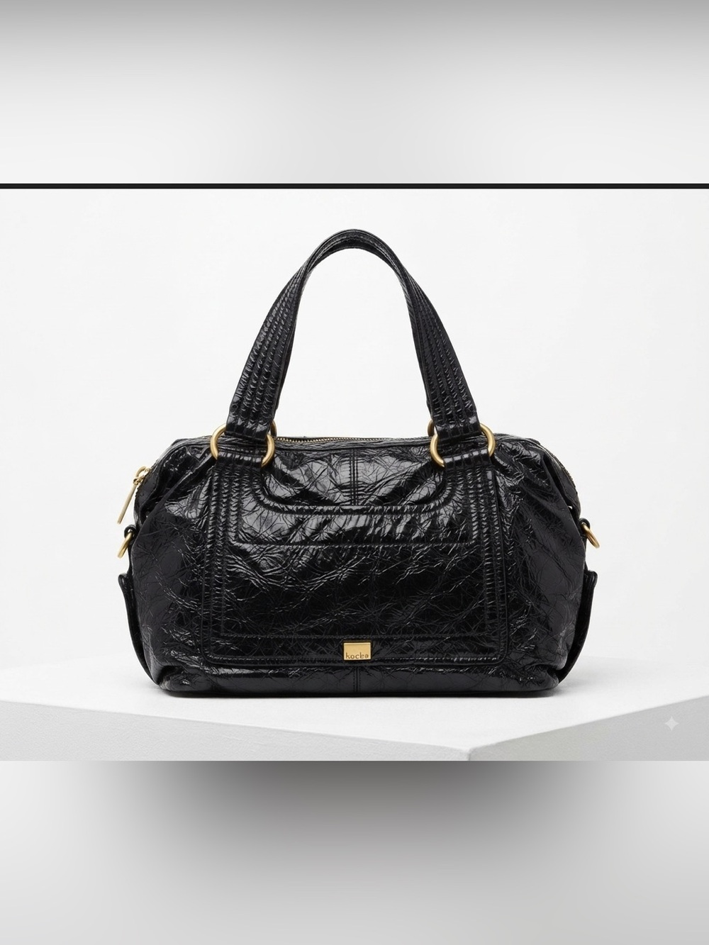 Vintage Kooba Black Crinkled Patent Leather Hobo Shoulder Bag - Gold Hardware